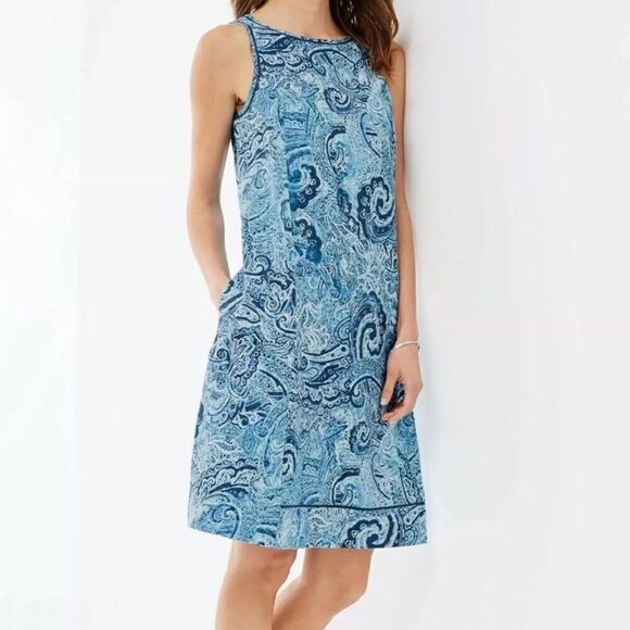 J. Jill Love Linen Dress Women Sz Large Petite Indigo Blue Paisley Waves A-line - Picture 1 of 11